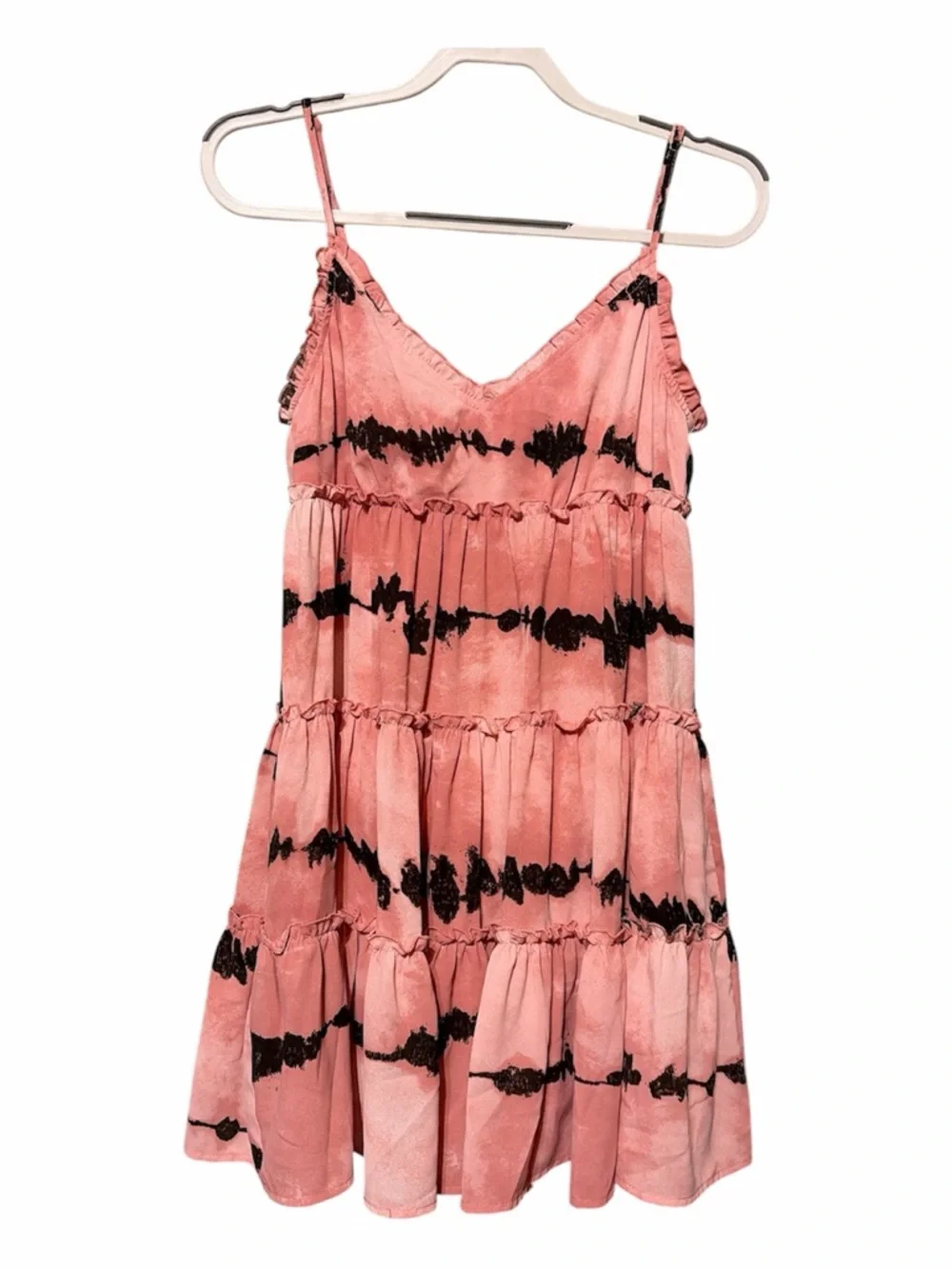 ENTRO Pink & Black Shibori Tie Dye Tiered Ruffle Mini Dress Small - Picture 2 of 5
